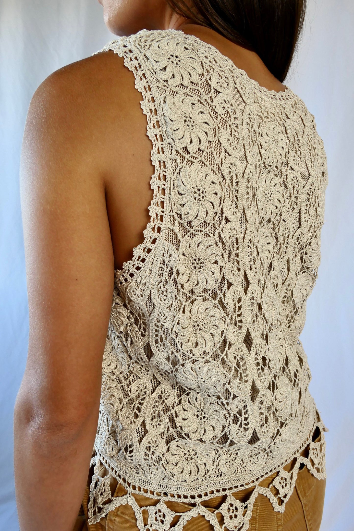 Lim's Vintage All Hand Crochet Cotton Lined Tank-top, Color Natural