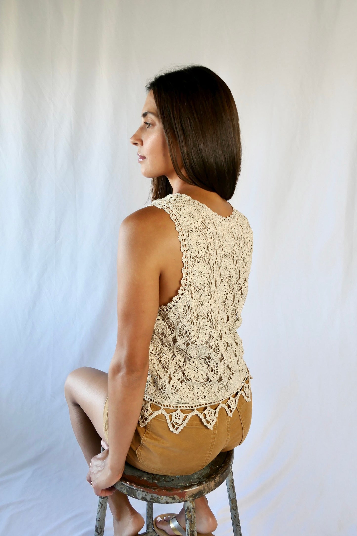 Lim's Vintage All Hand Crochet Cotton Lined Tank-top, Color Natural