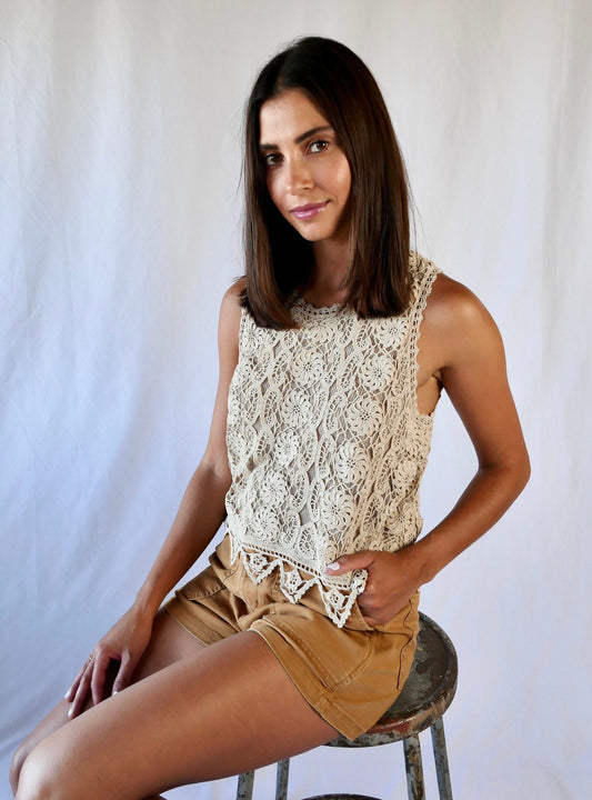 Lim's Vintage All Hand Crochet Cotton Lined Tank-top, Color Natural