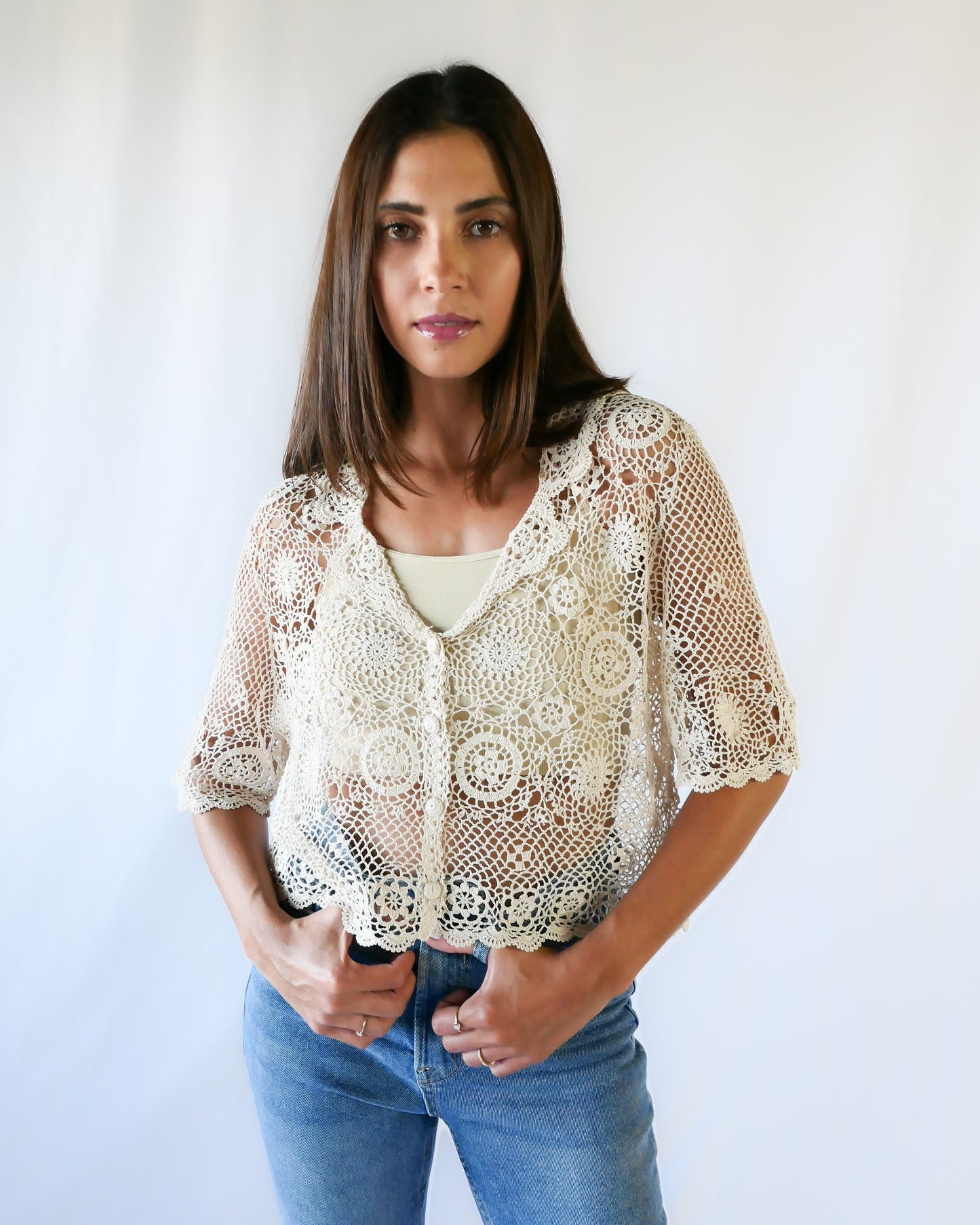 Hand Crocheted Cotton Half Sleeve Cardigan