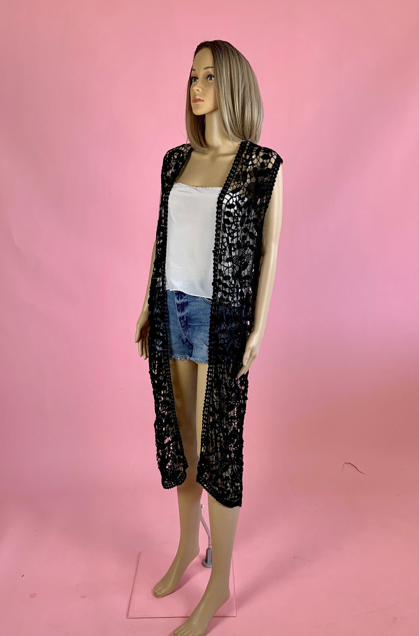 Hand Crocheted Long Vest with Floral and Leaf Design