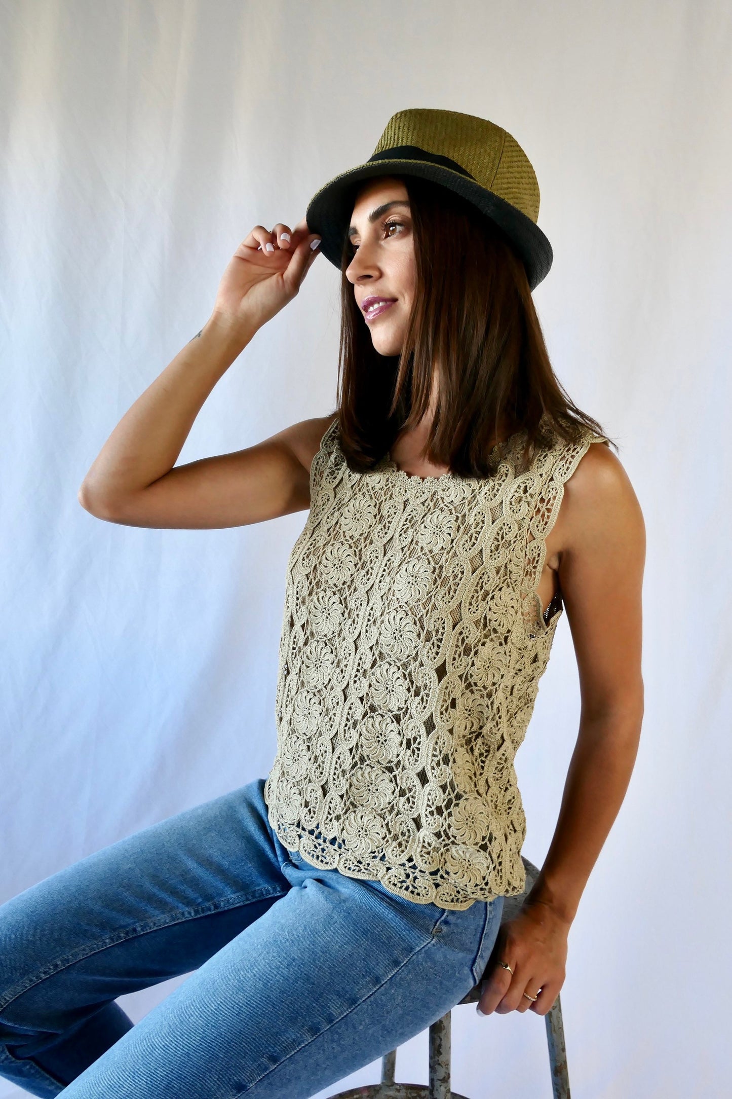 Lim's Vintage All Hand Crochet Cotton Lined Tank-top, Color Taupe