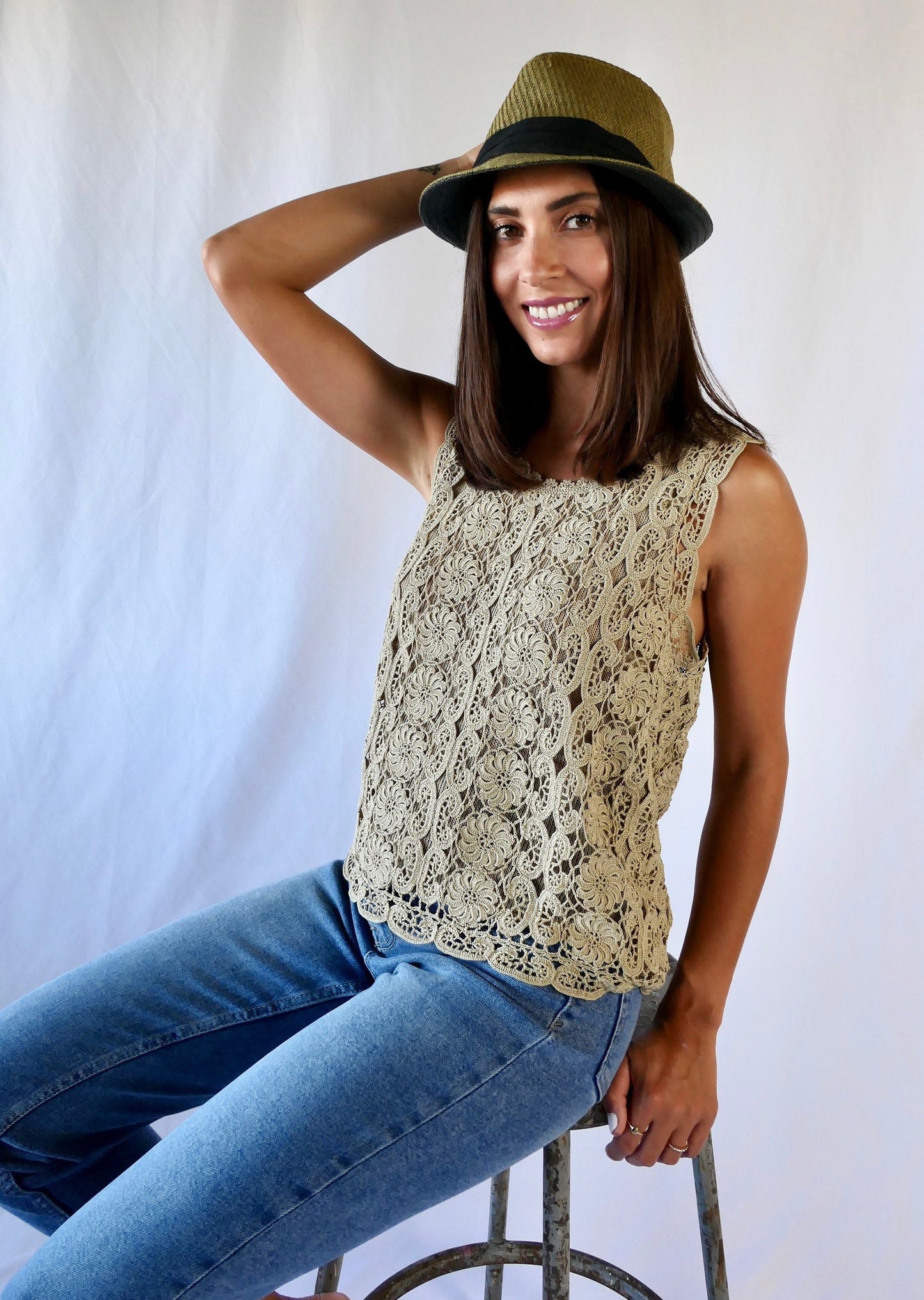 Lim's Vintage All Hand Crochet Cotton Lined Tank-top, Color Taupe