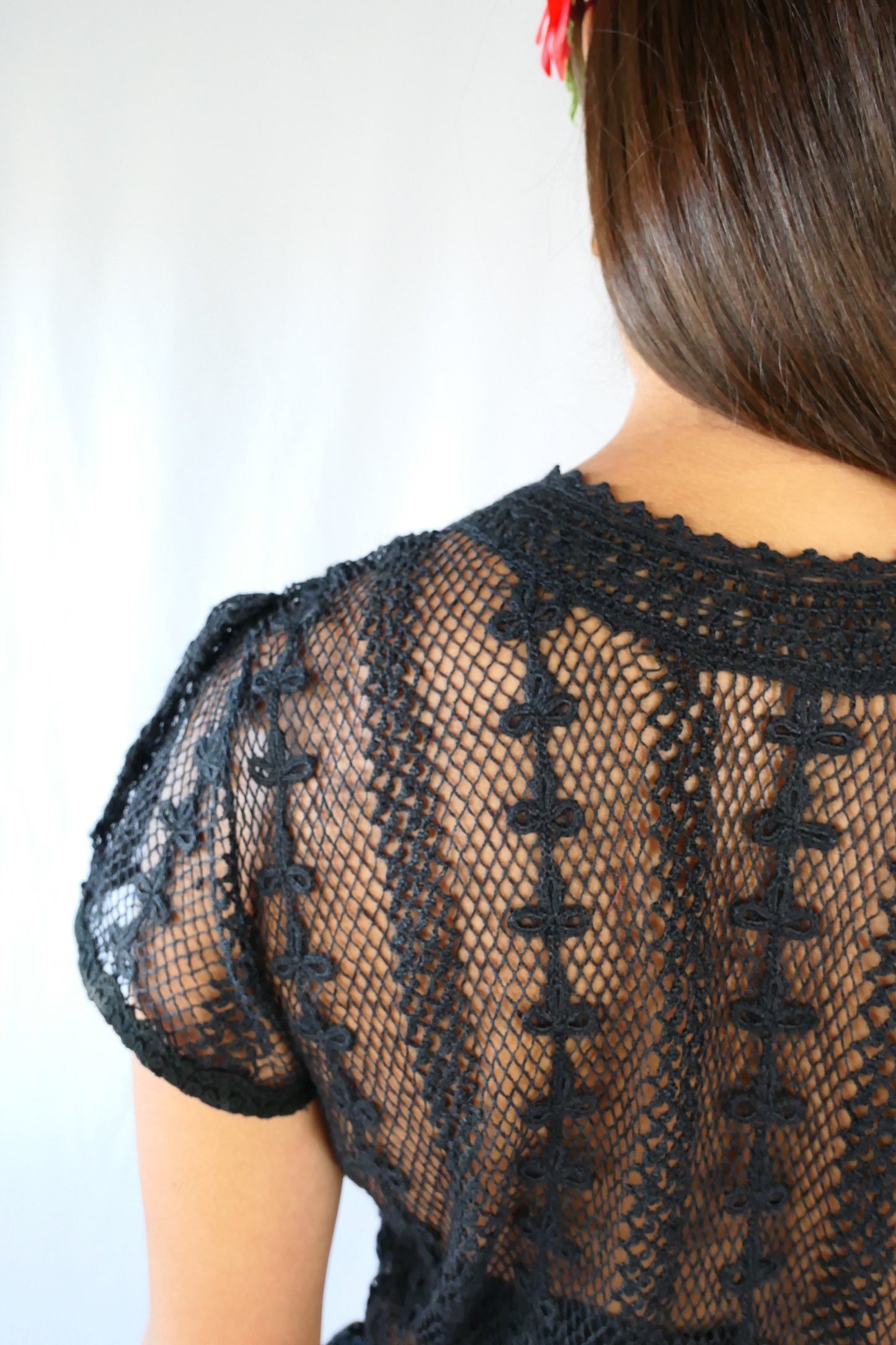 Hand Crocheted Short Puff Sleeve Top with Flared Hem