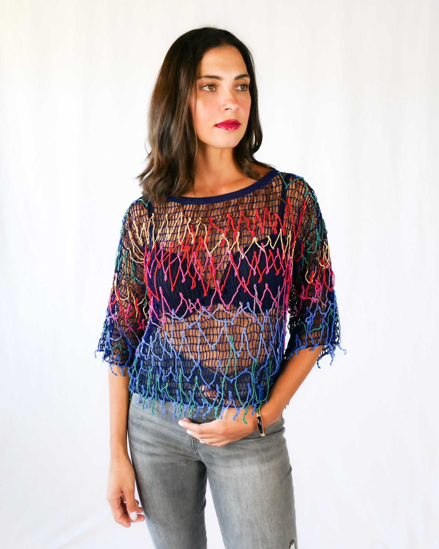 Multi-Colored Festive 3/4 Sleeve Crochet Pullover Top