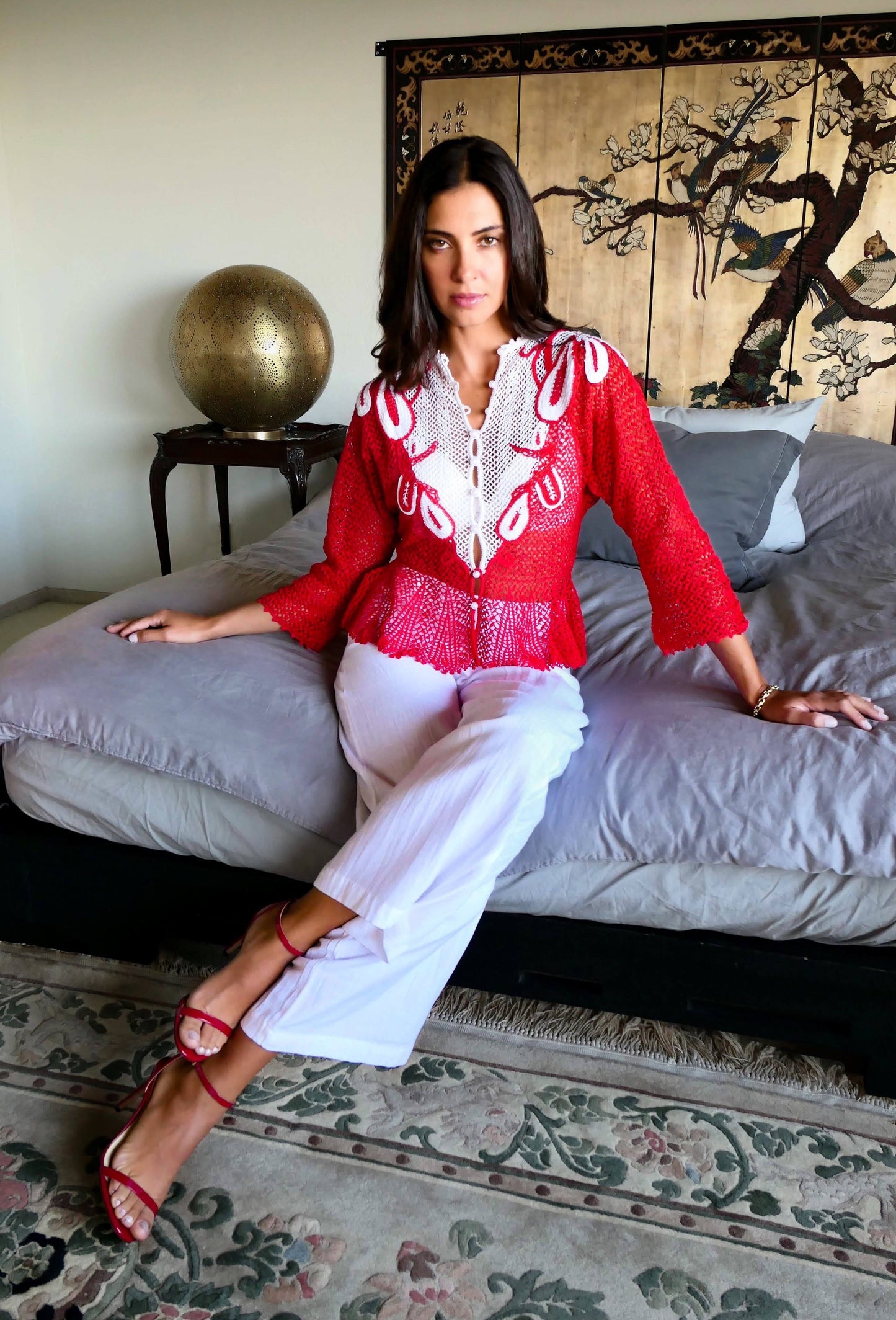 Red and White Hand Crocheted Festive Top with Faux Pearl Buttons