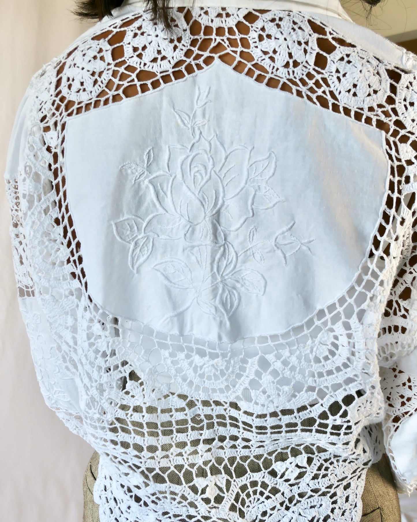 Hand Crocheted and Embroidered Cropped Shirt with Puff Sleeves