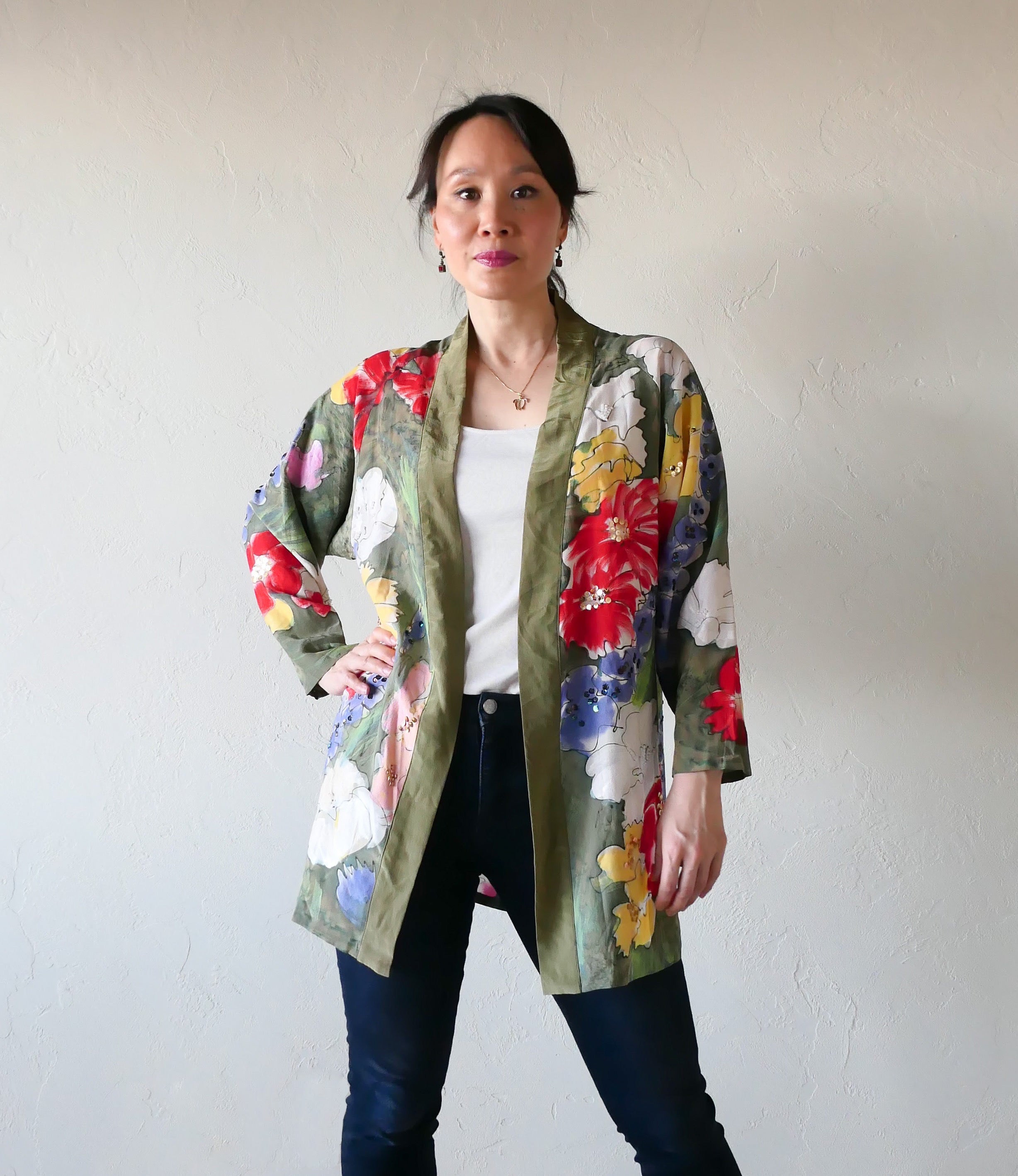 Hand Painted Olive Green Silk Kimono Jacket with Sequins – Lim's