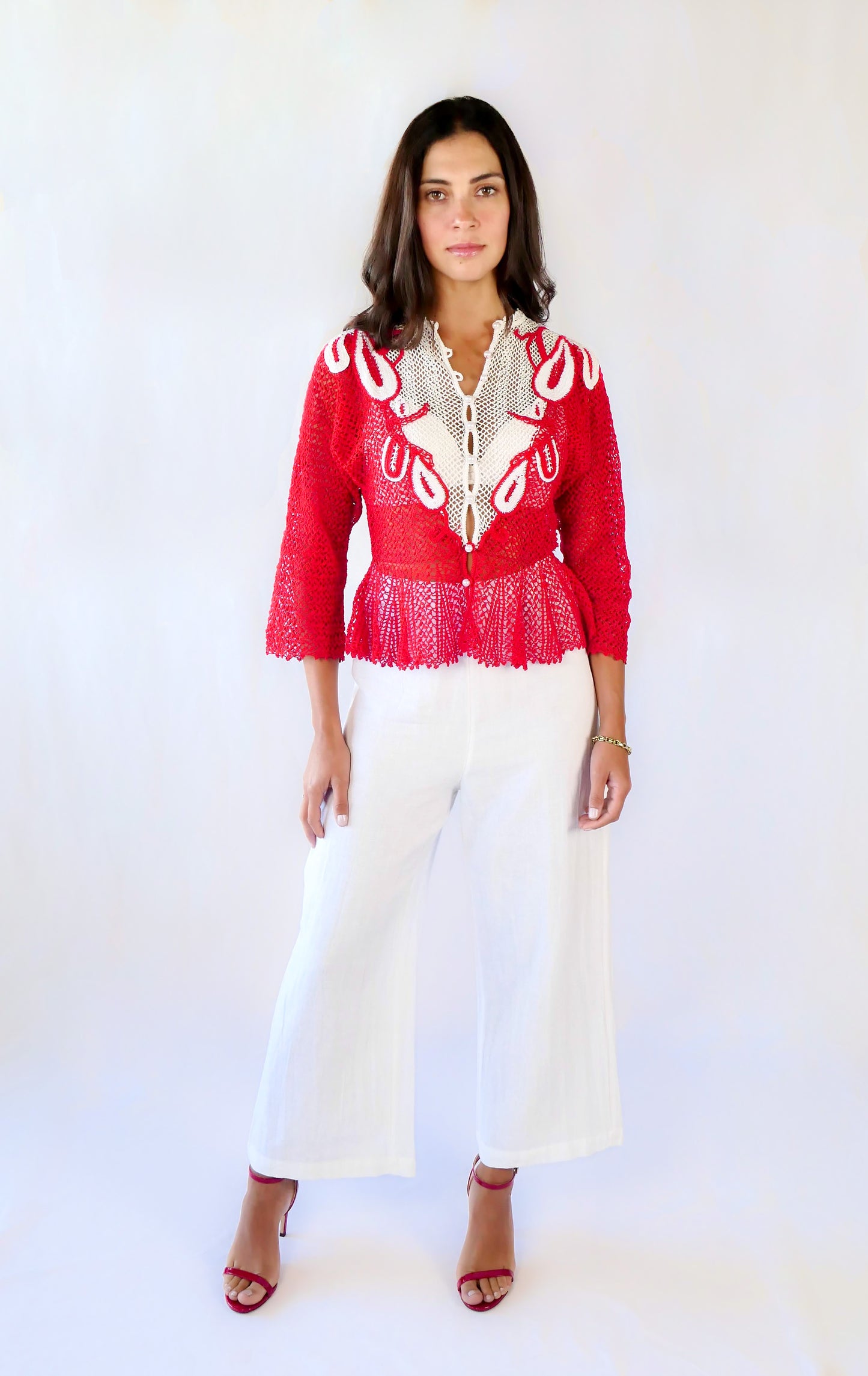 Red and White Hand Crocheted Festive Top with Faux Pearl Buttons