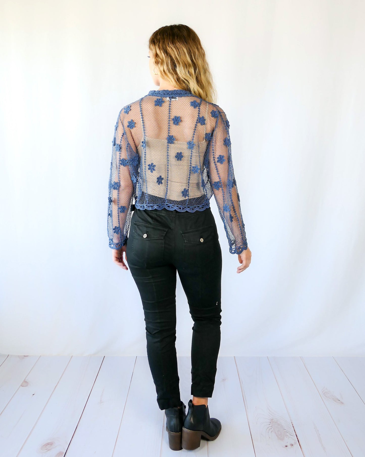Sheer Crochet Cropped Cardigan with Mini Floral Motif