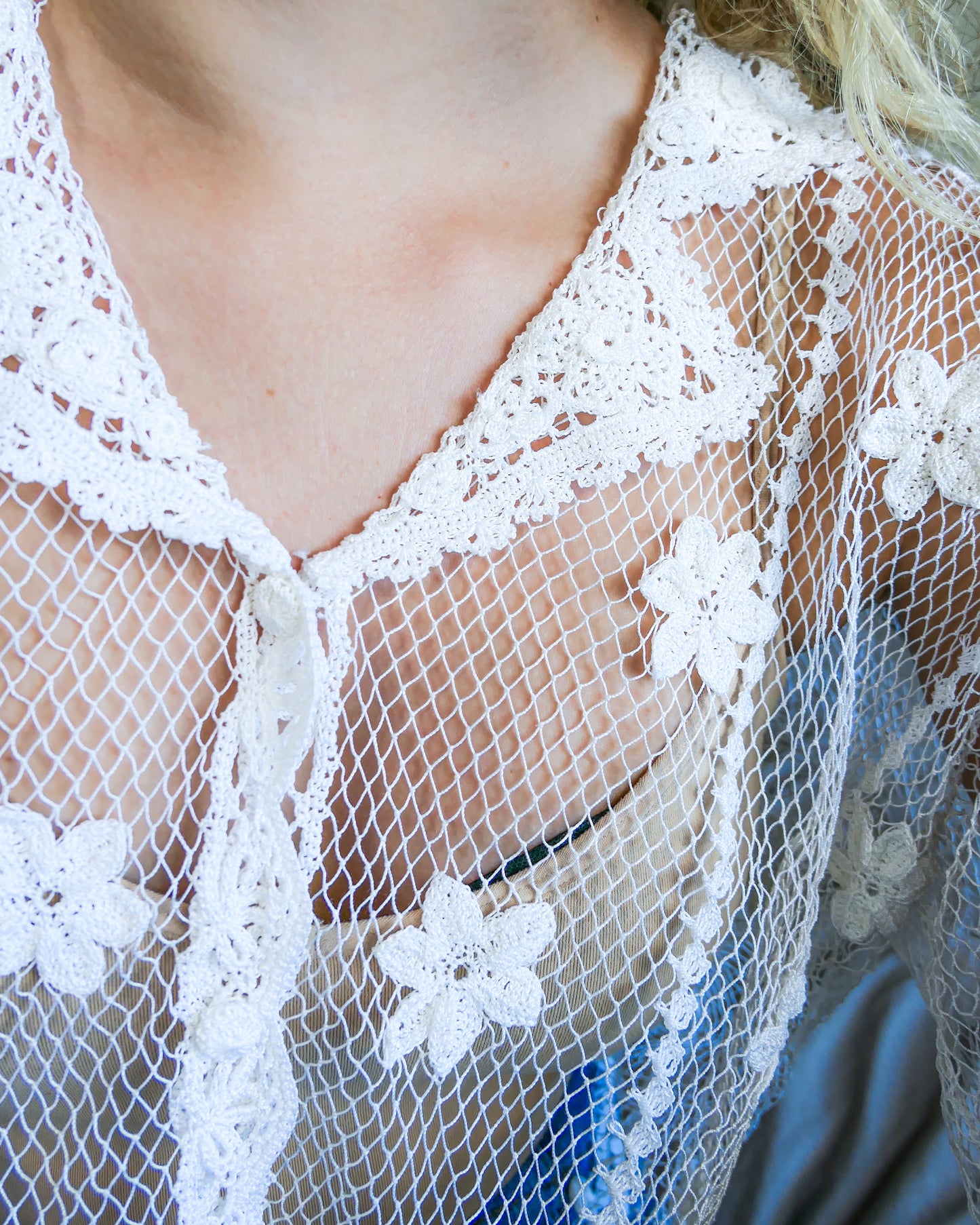 Sheer Crochet Cropped Cardigan with Mini Floral Motif
