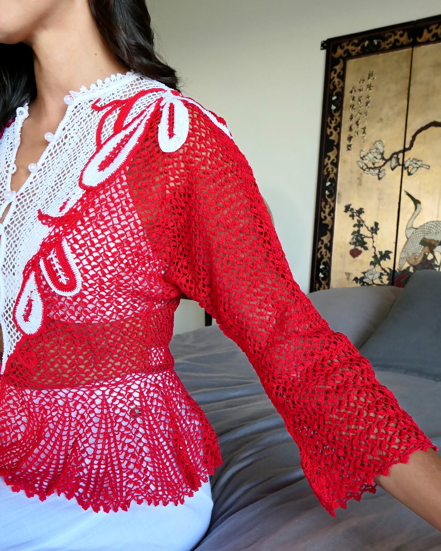 Red and White Hand Crocheted Festive Top with Faux Pearl Buttons