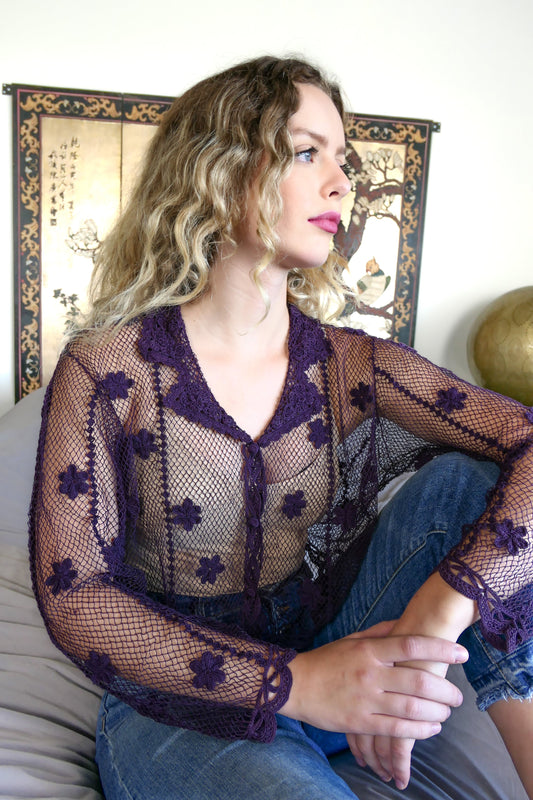 Sheer Crochet Cropped Cardigan with Mini Floral Motif