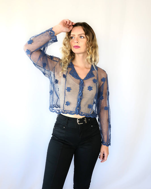 Sheer Crochet Cropped Cardigan with Mini Floral Motif