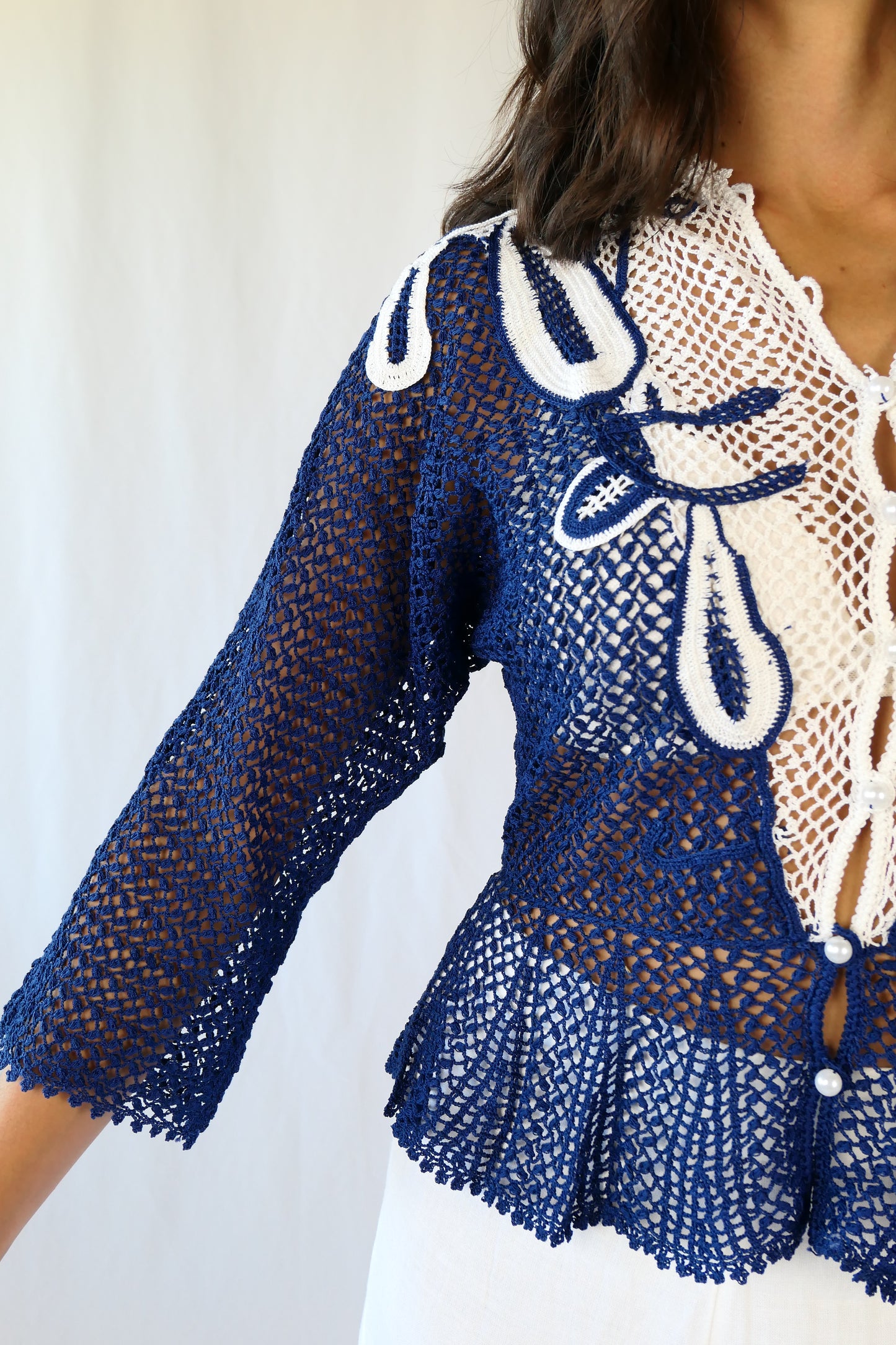 Navy Blue and White Hand Crocheted Festive Top with Faux Pearl Buttons