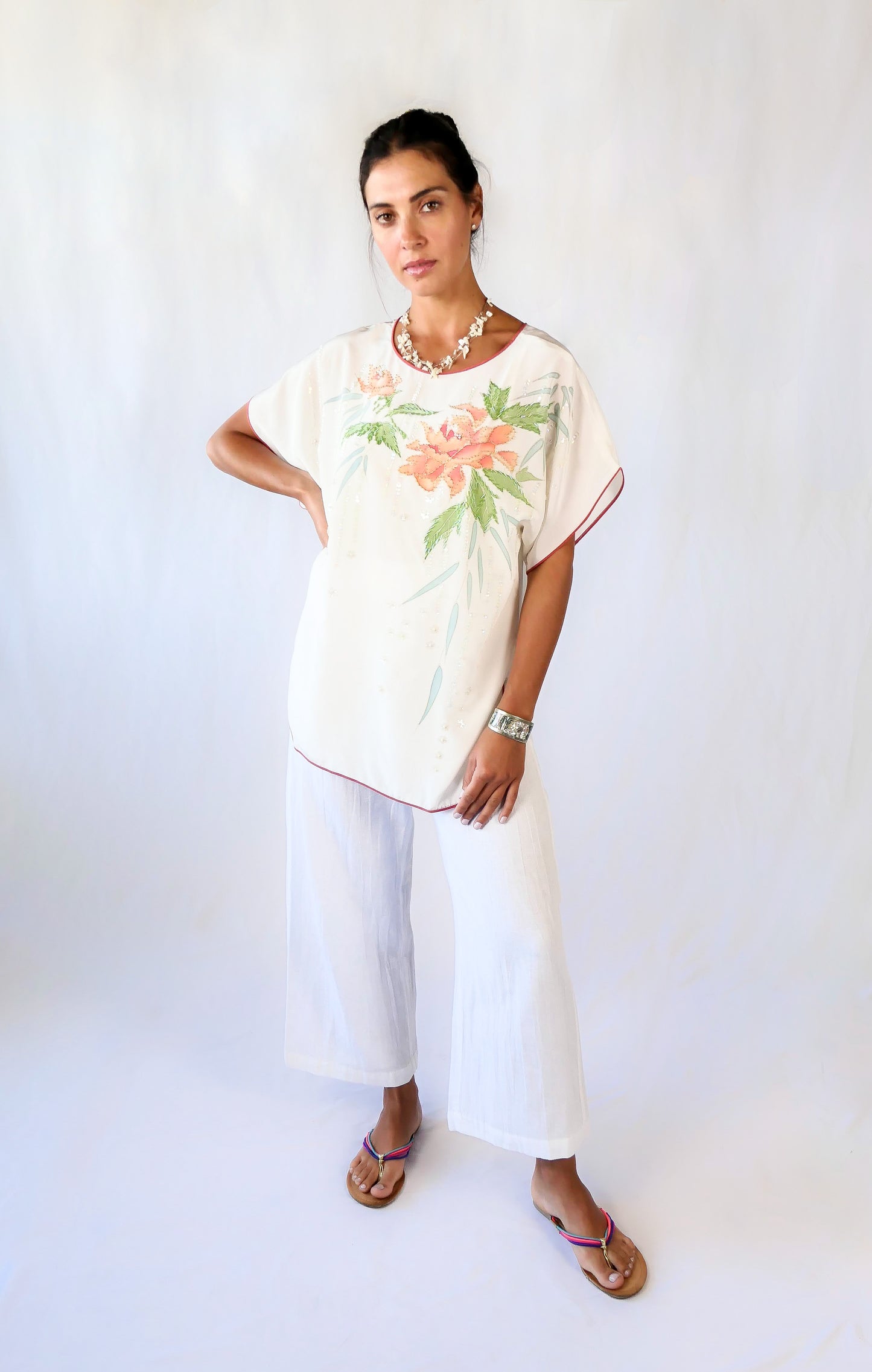 Silk Oversized Pajama Top with Peach Peony Flowers and Sequins