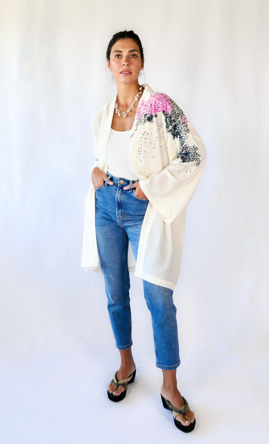 Silk Oversized Kimono Jacket with Hand Painted Pink Flowers and Irridescent Sequins