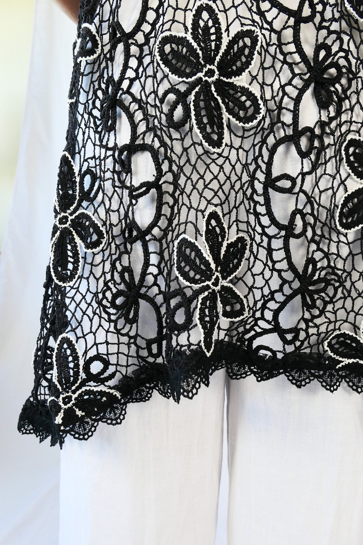 Hand Crocheted Long Coverup Vest with Black and White Daisy Motif