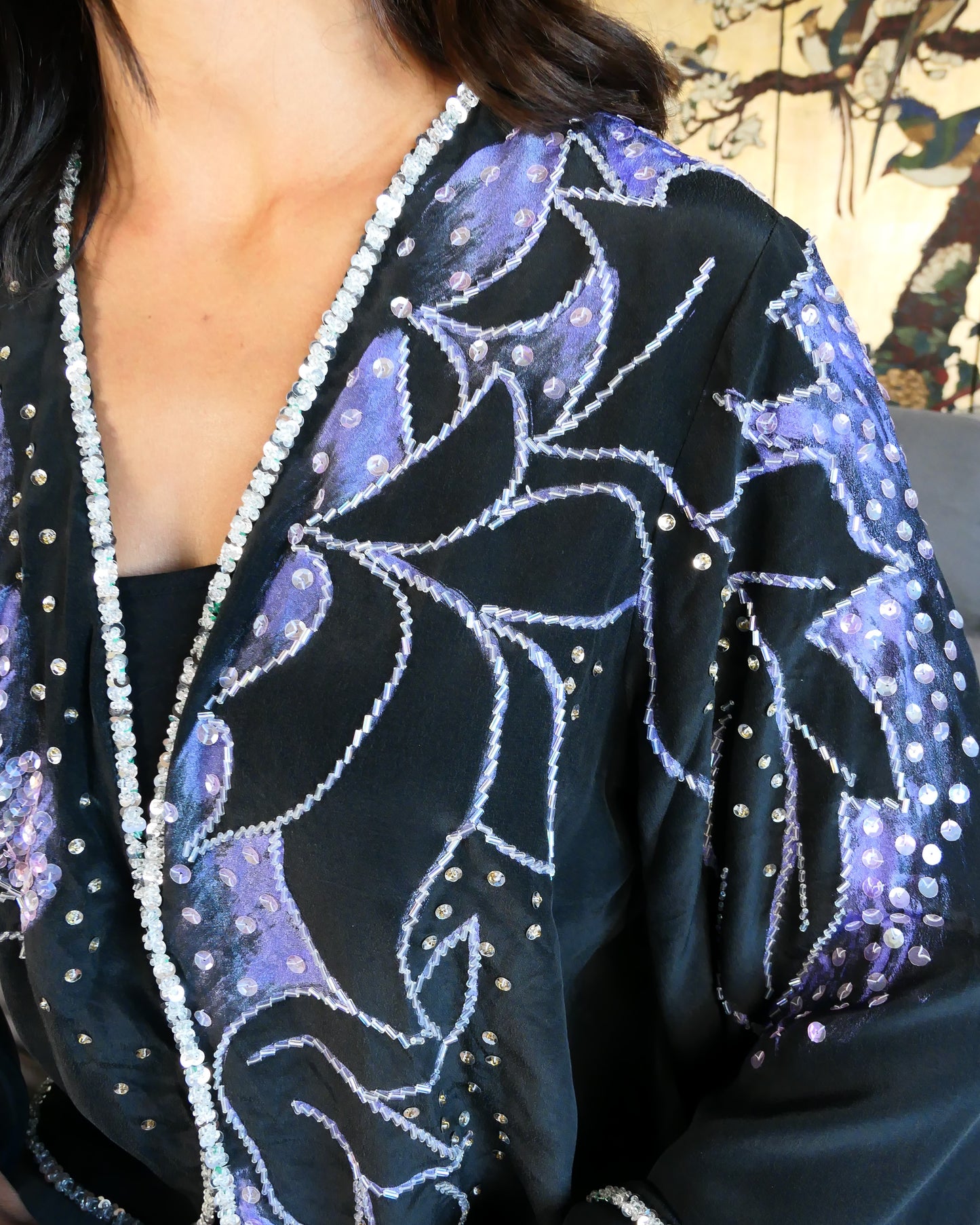 Silk jacket with lavender purple hand-painted flowers and sequins
