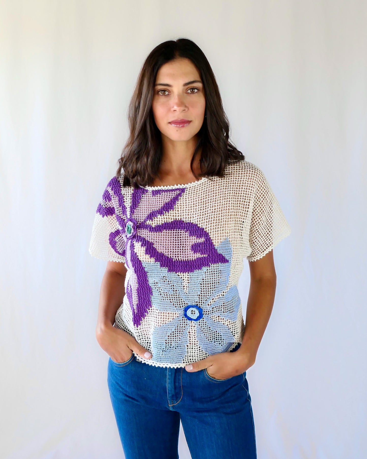 Hand Crocheted Capsleeve Top with Blue and Purple Flowers
