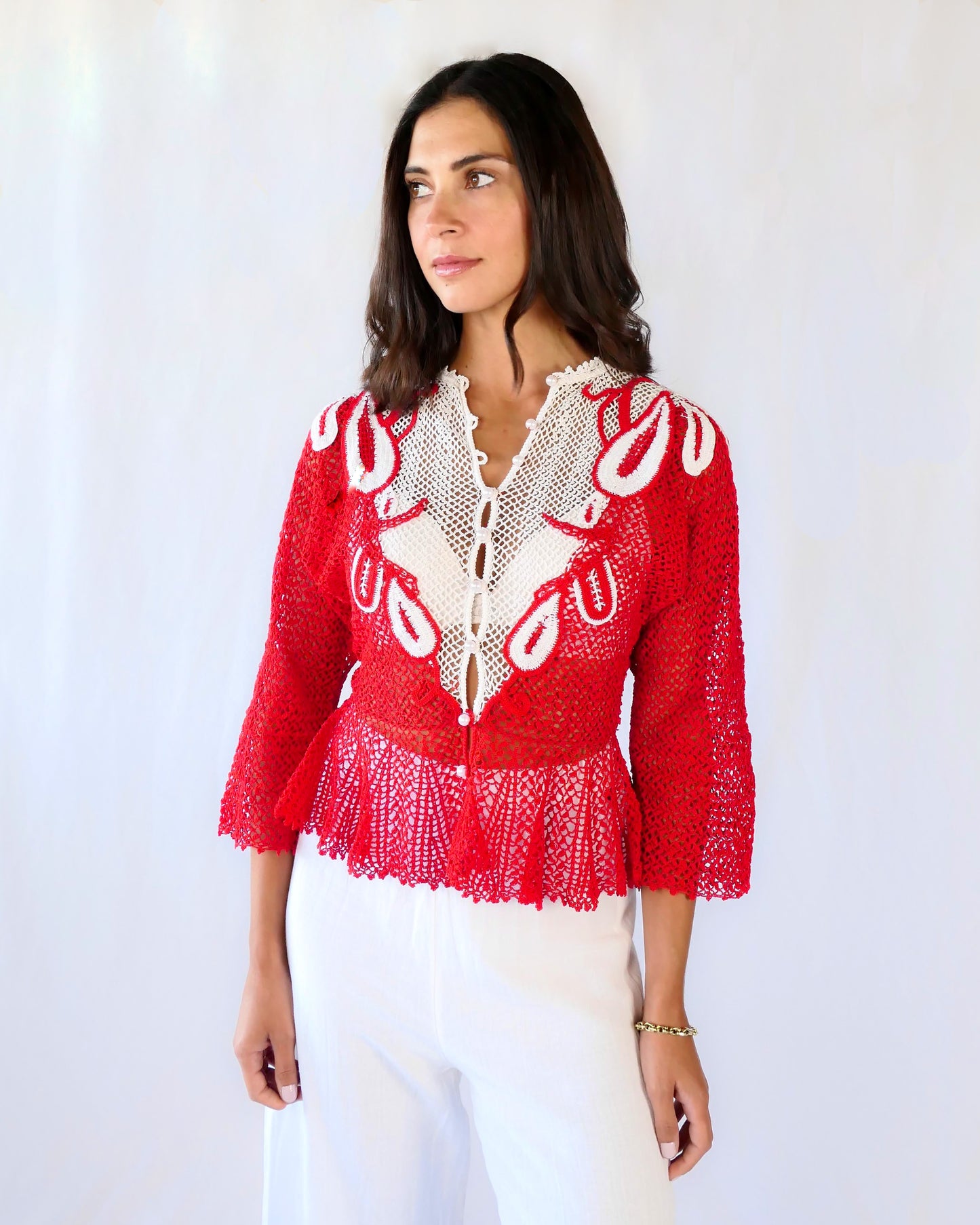 Red and White Hand Crocheted Festive Top with Faux Pearl Buttons