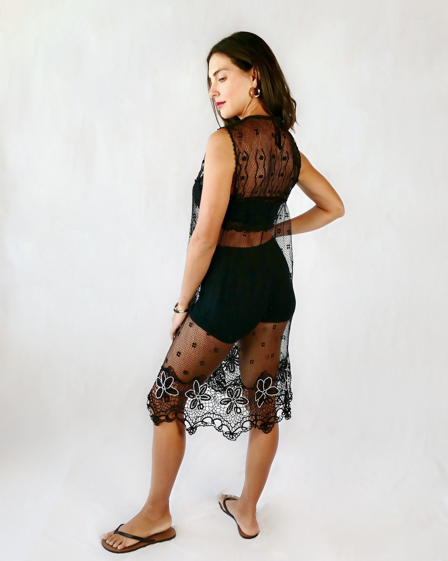 Sheer Crochet Coverup with Black and White Daisies at the Hem