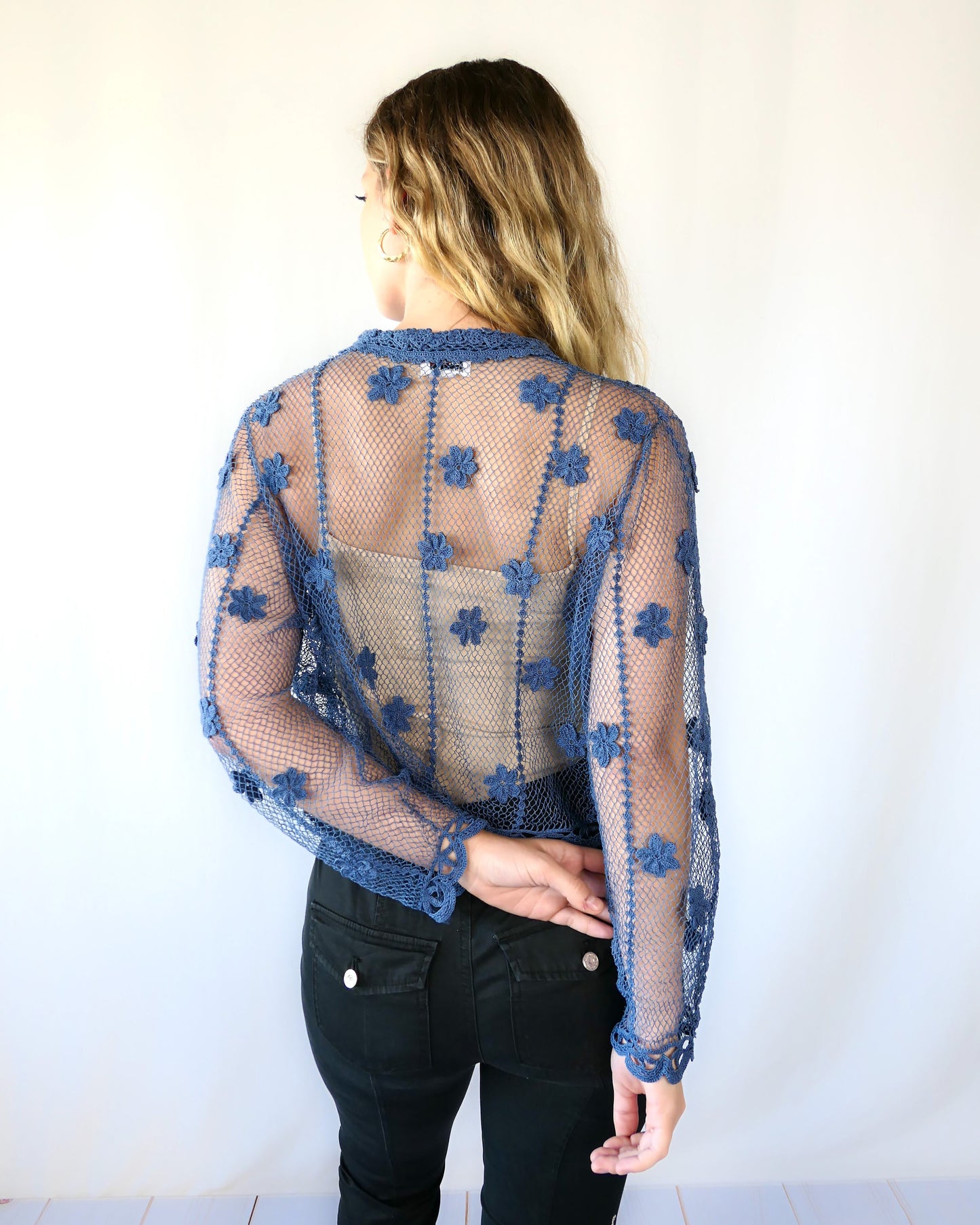 Sheer Crochet Cropped Cardigan with Mini Floral Motif