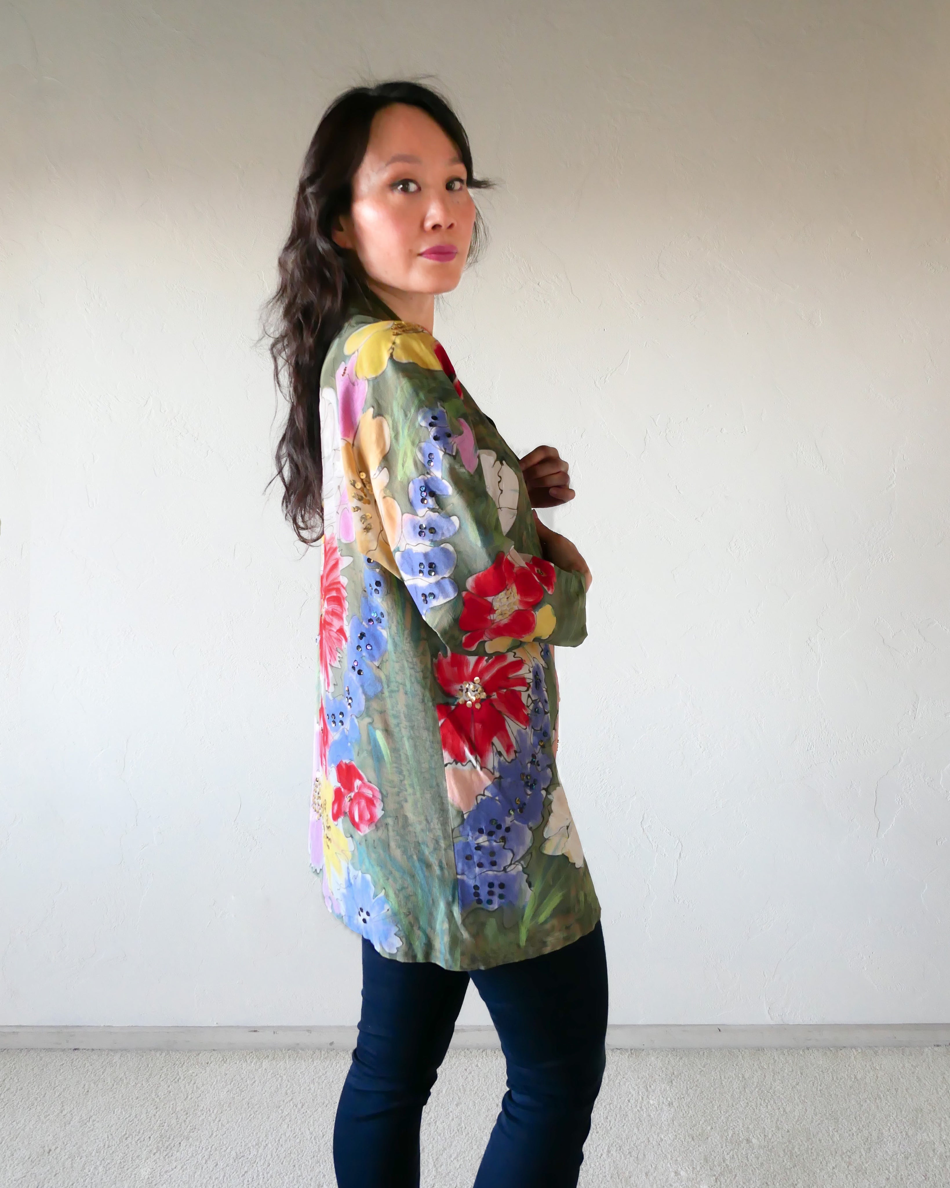 Hand Painted Olive Green Silk Kimono Jacket with Sequins – Lim's