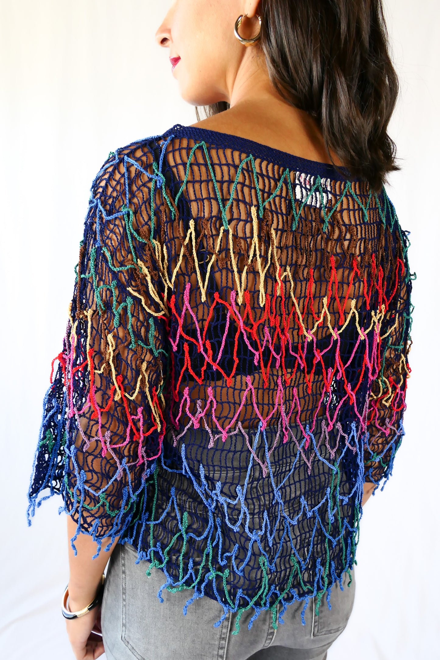Multi-Colored Festive 3/4 Sleeve Crochet Pullover Top