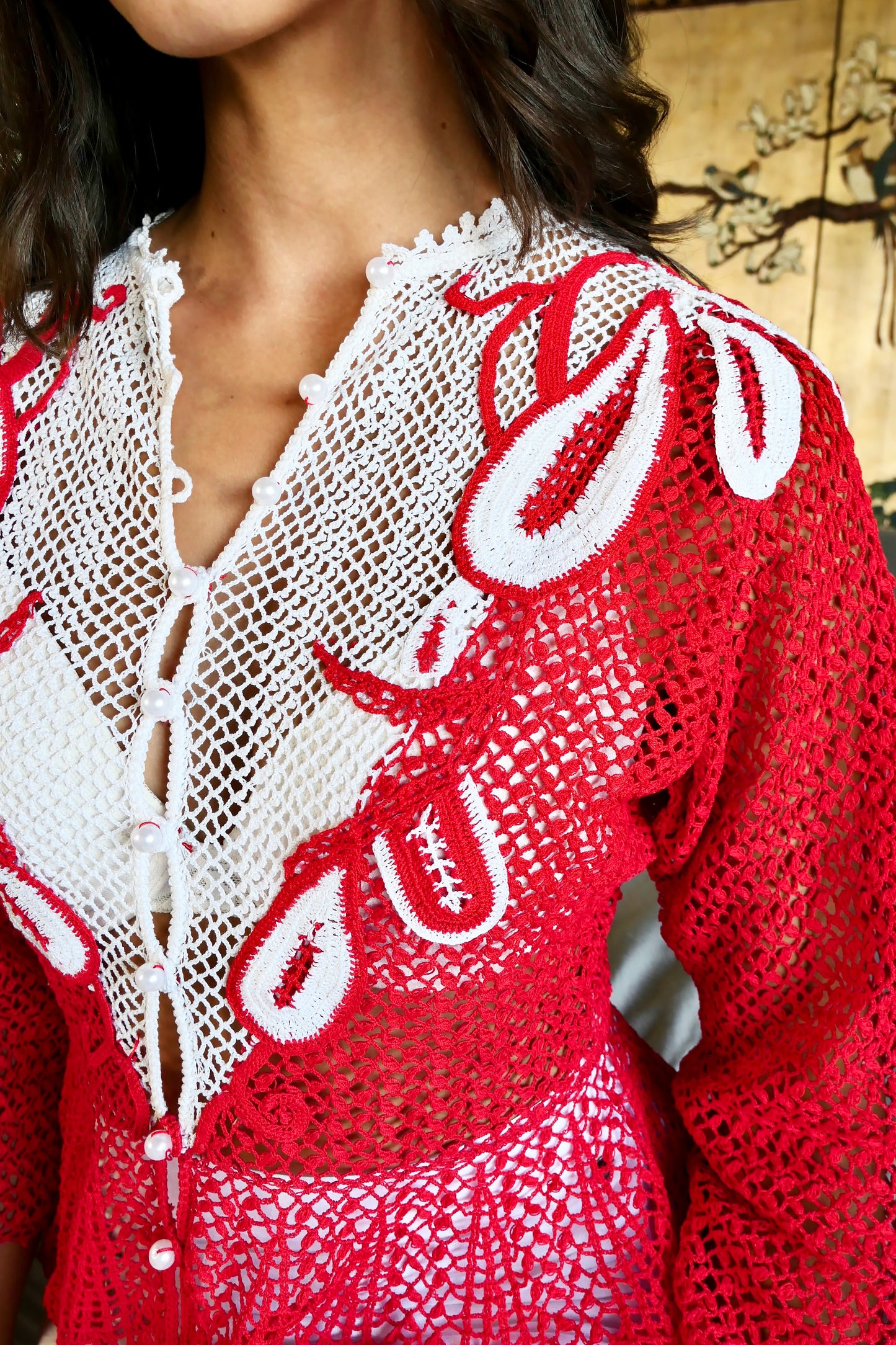 Red and White Hand Crocheted Festive Top with Faux Pearl Buttons