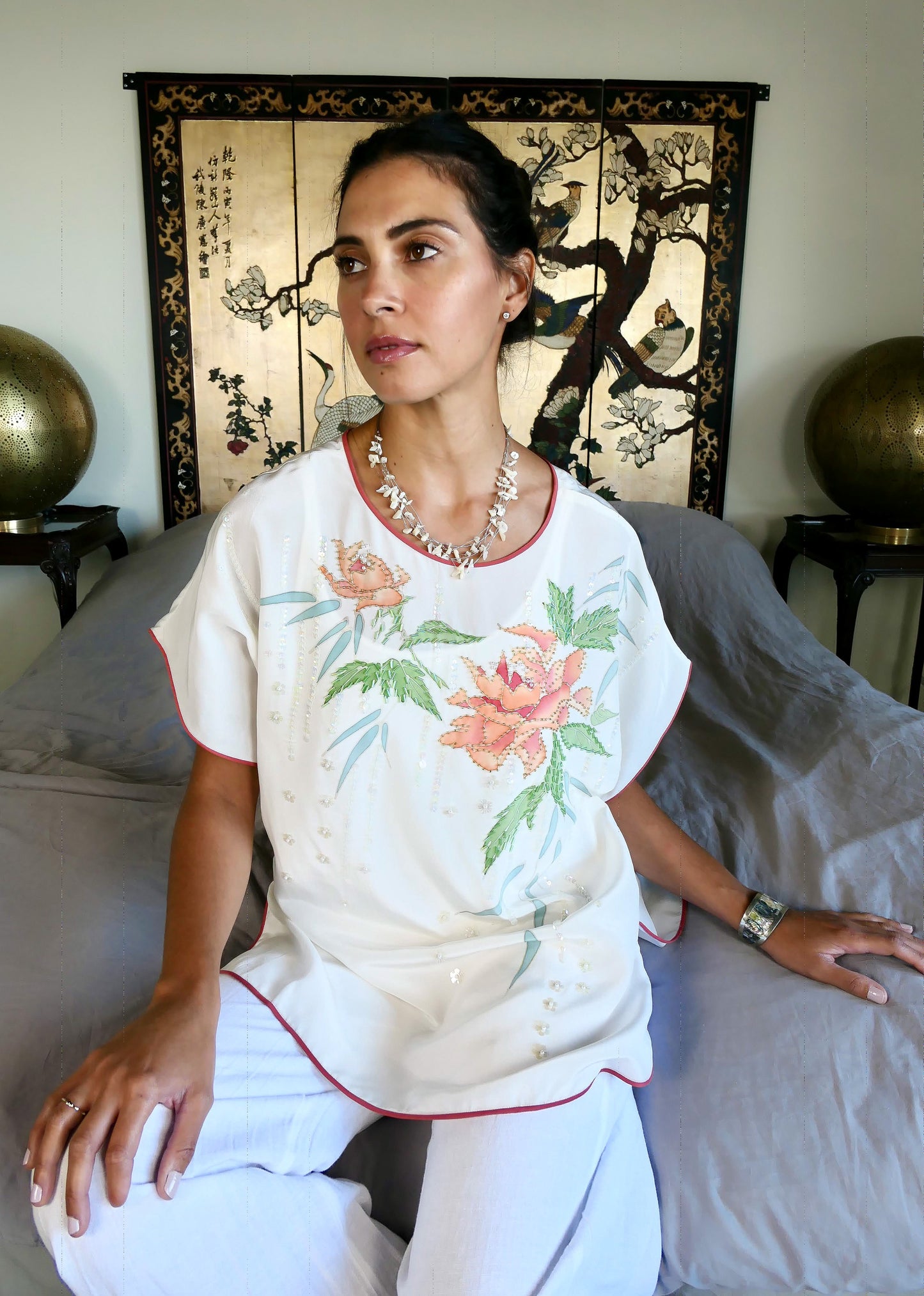 Silk Oversized Pajama Top with Peach Peony Flowers and Sequins