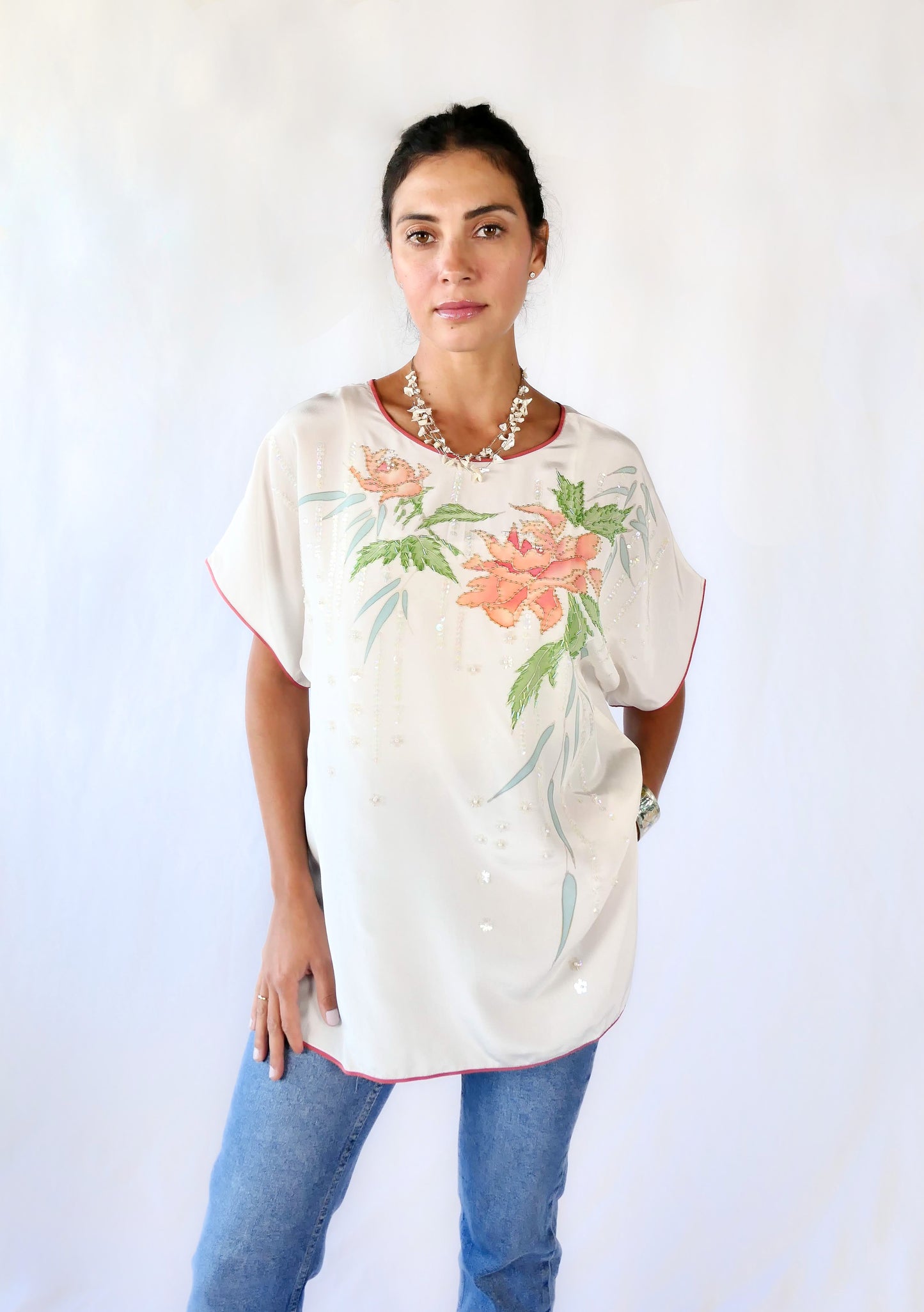 Silk Oversized Pajama Top with Peach Peony Flowers and Sequins