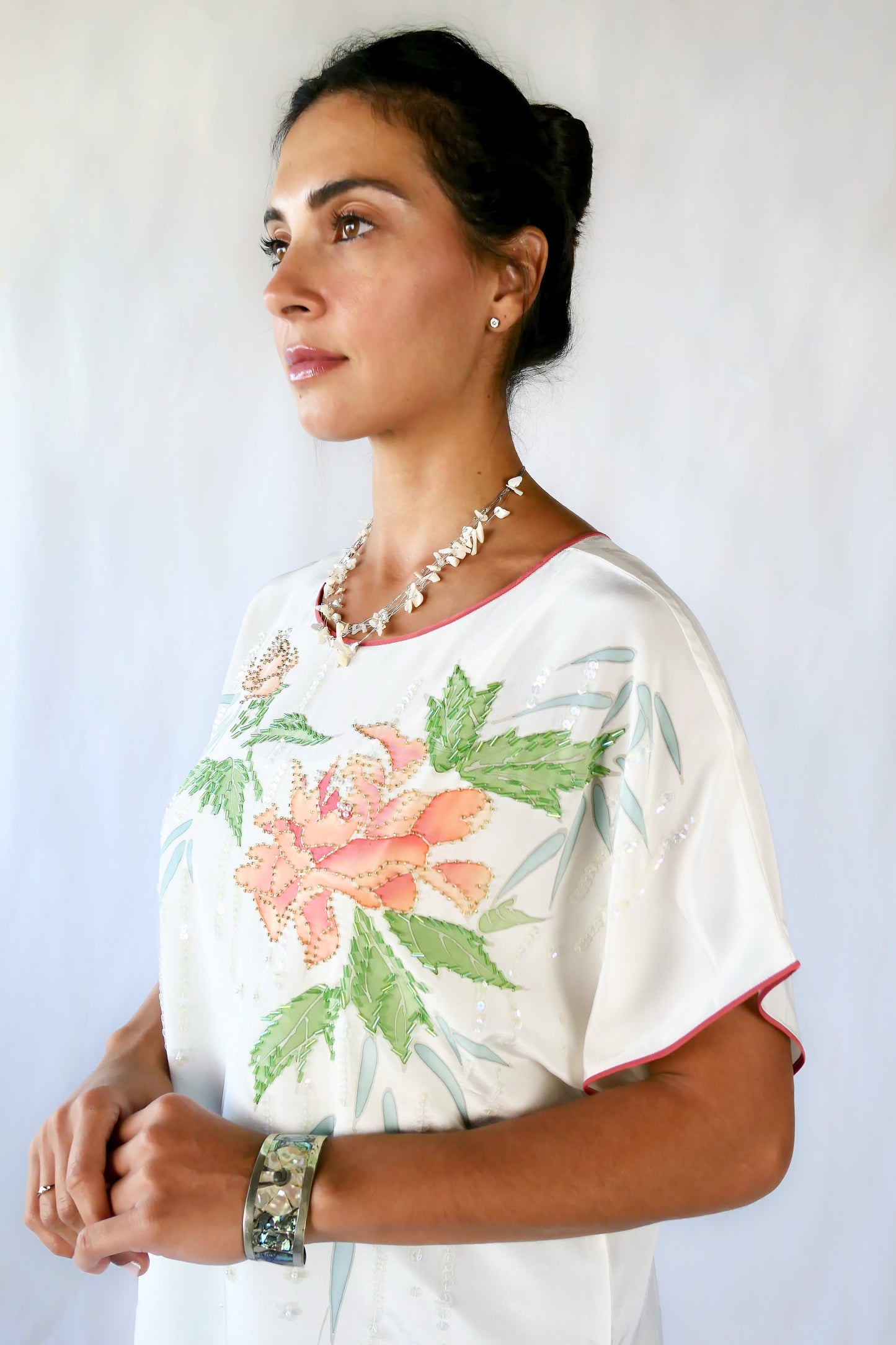 Silk Oversized Pajama Top with Peach Peony Flowers and Sequins